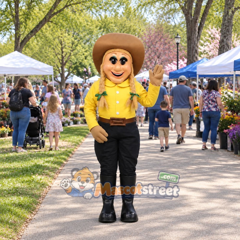 Cowgirl Mascot Costume with Yellow Shirt, Black Trousers and Cowboy Hat
