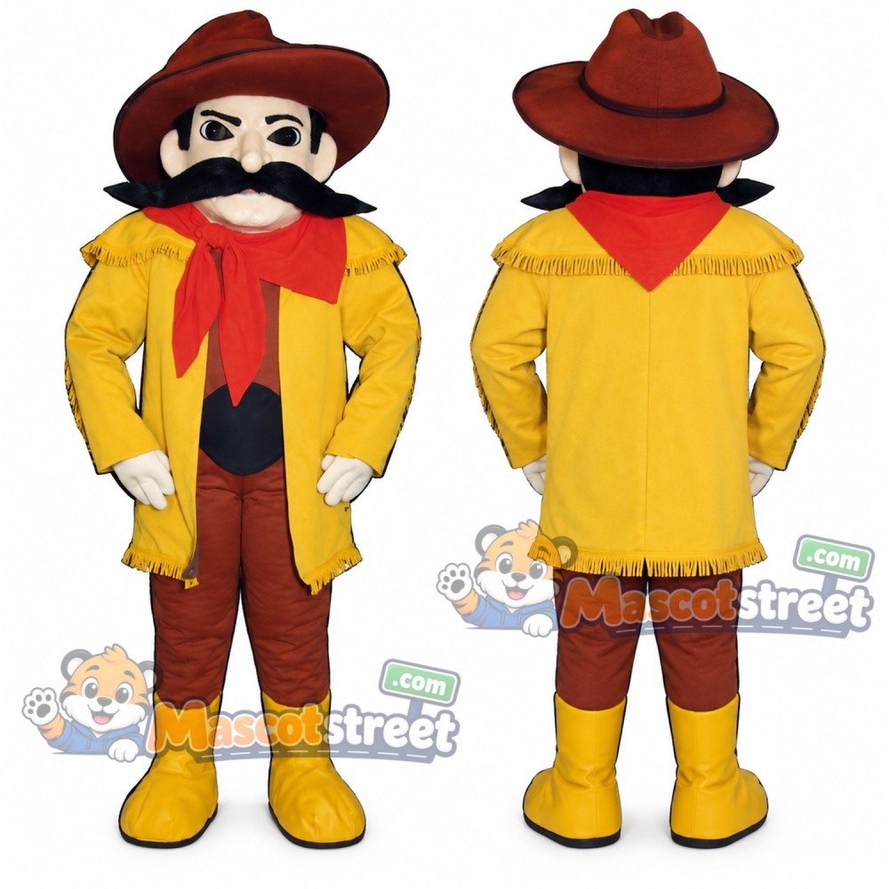 Frontiersman Mascot Costume with Yellow Coat, Red Scarf and Brown Hat