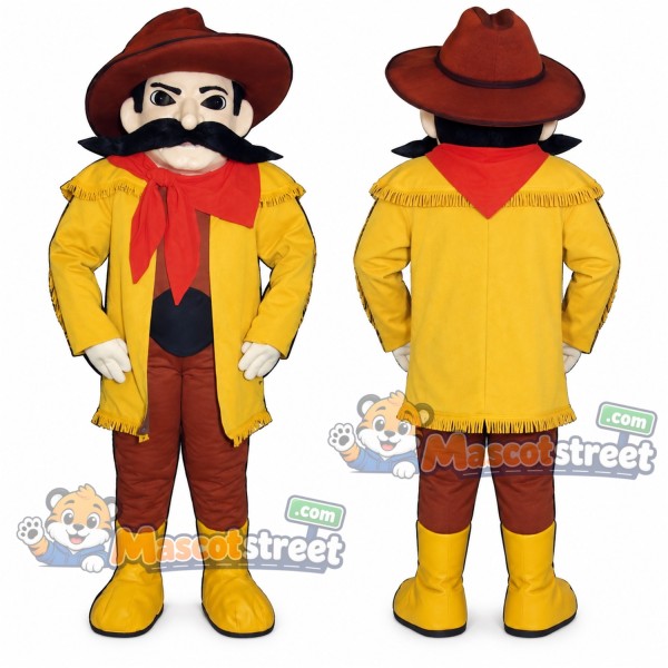Frontiersman Mascot Costume with Yellow Coat, Red Scarf and Brown Hat