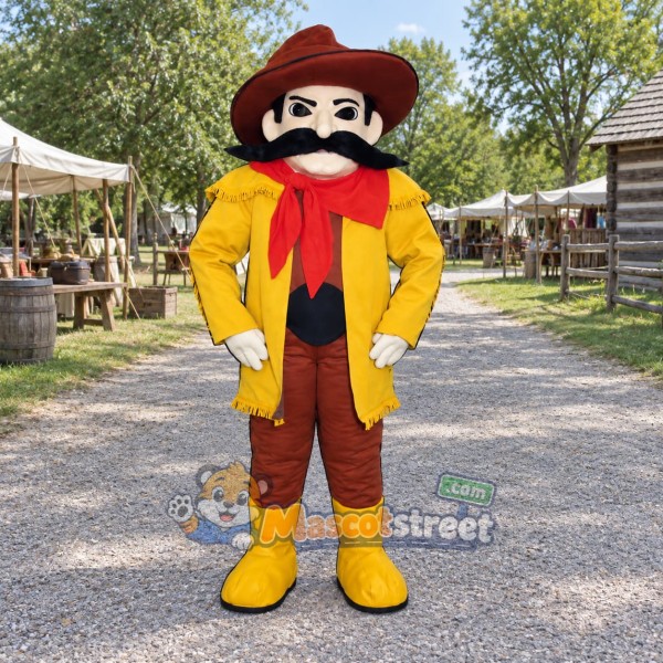 Frontiersman Mascot Costume with Yellow Coat, Red Scarf and Brown Hat