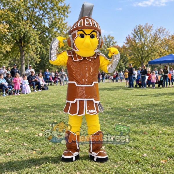 Warrior Mascot Costume with Brown Armor and Helmet