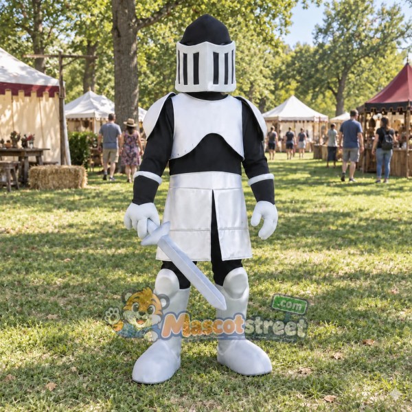 Knight Mascot Costume with Silver and Black Armor