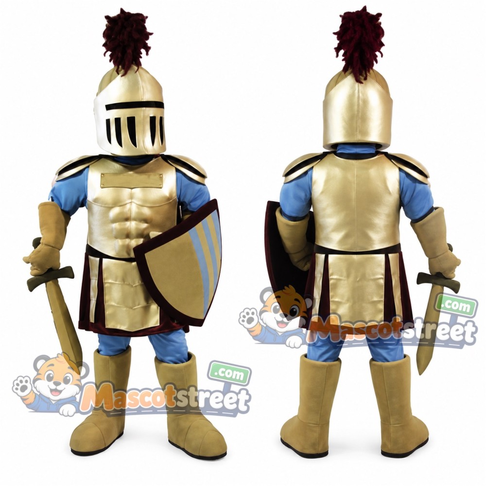 Knight Mascot Costume with Gold Armor and Blue Uniform Knight Mascot Costume with Gold Armor and Blue Uniform