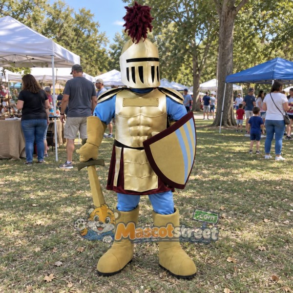 Knight Mascot Costume with Gold Armor and Blue Uniform