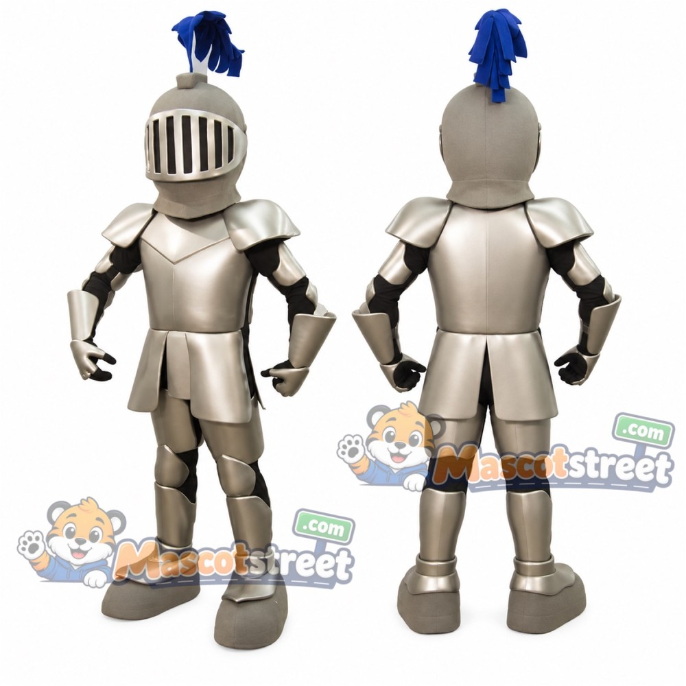 Knight Mascot Costume with Silver Armor and Blue Plume Knight Mascot Costume with Silver Armor and Blue Plume