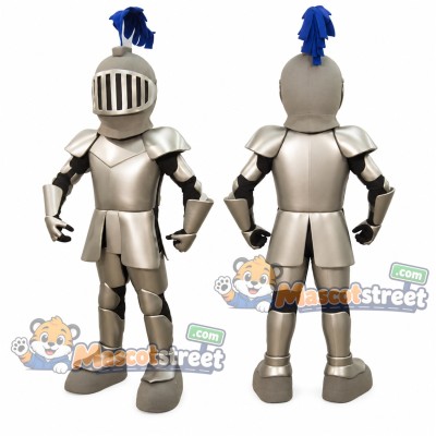 Knight Mascot Costume with Silver Armor and Blue Plume Knight Mascot Costume with Silver Armor and Blue Plume