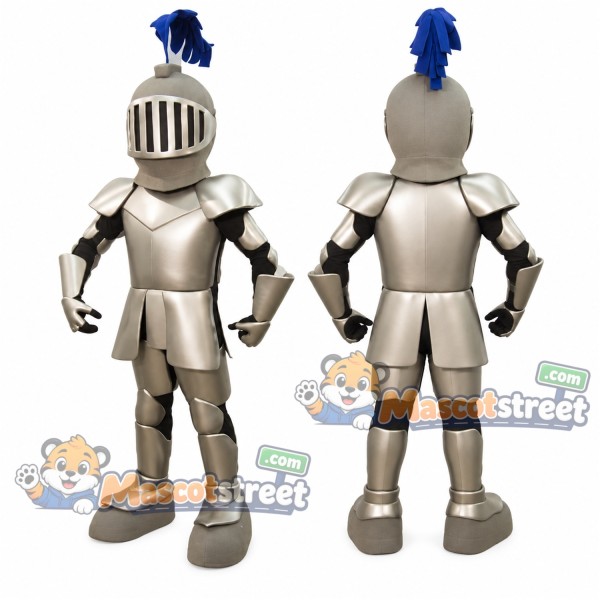 Knight Mascot Costume with Silver Armor and Blue Plume