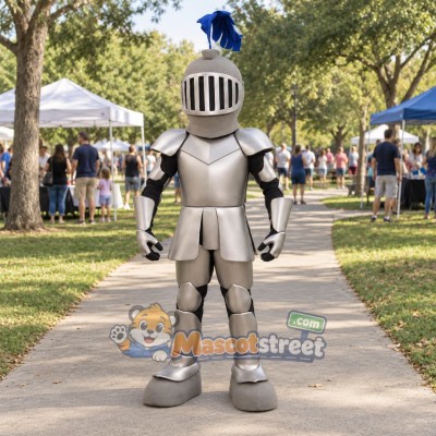 Knight Mascot Costume with Silver Armor and Blue Plume Knight Mascot Costume with Silver Armor and Blue Plume