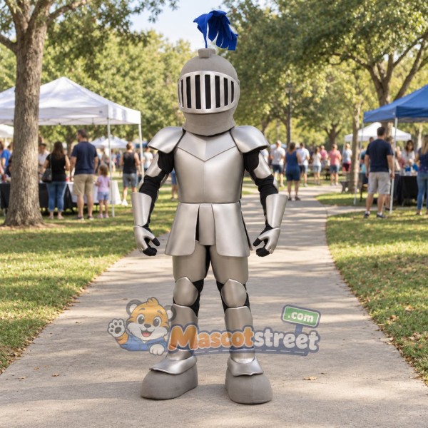 Knight Mascot Costume with Silver Armor and Blue Plume