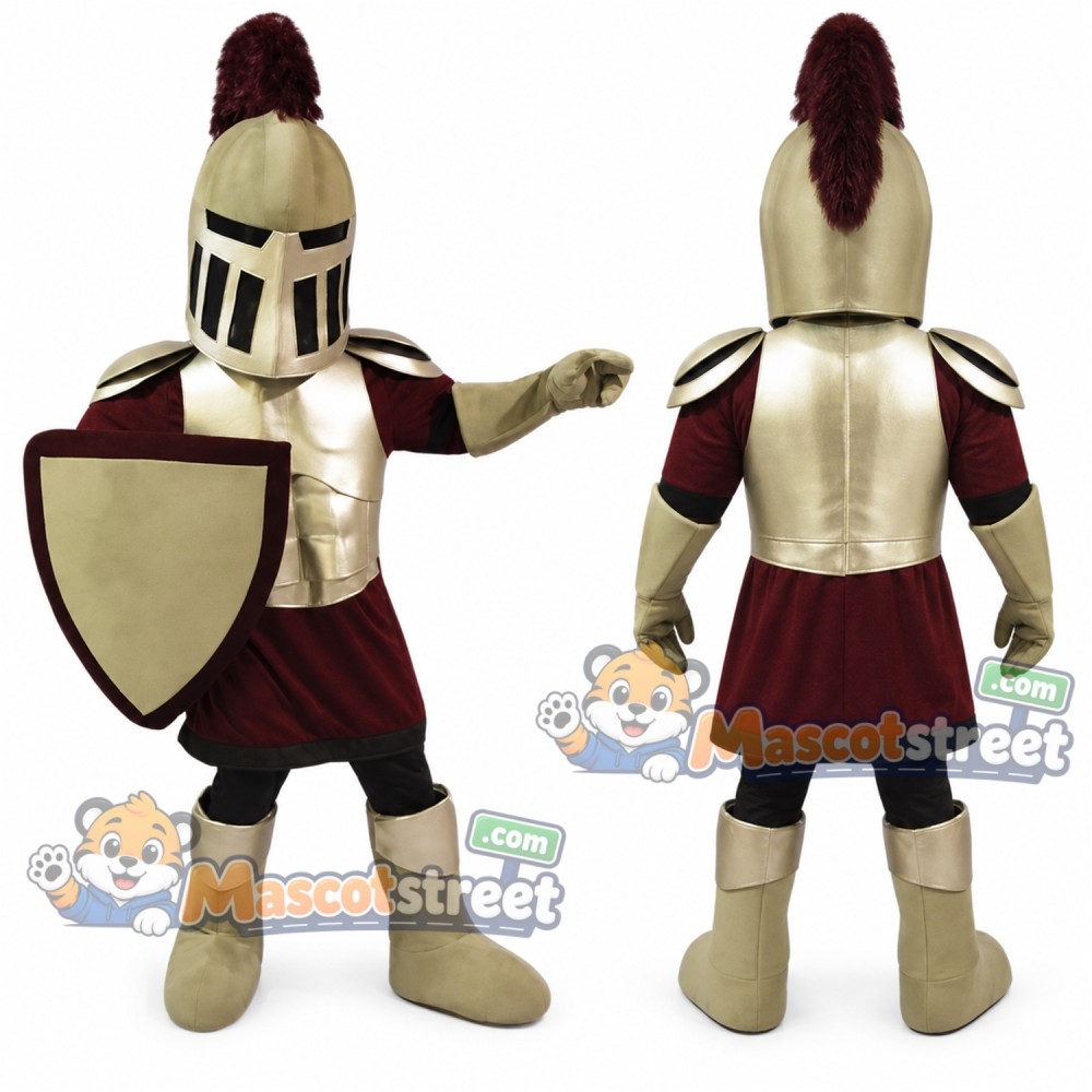 Knight Mascot Costume with Gold Armor and Burgundy Uniform