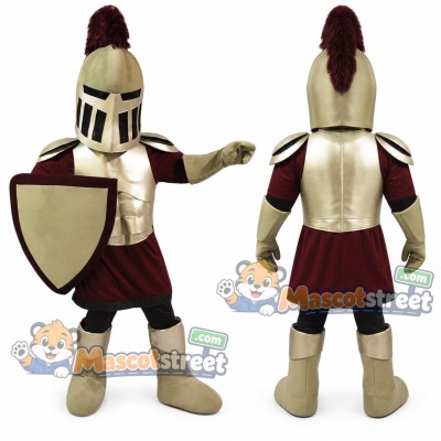 Knight Mascot Costume with Gold Armor and Burgundy Uniform