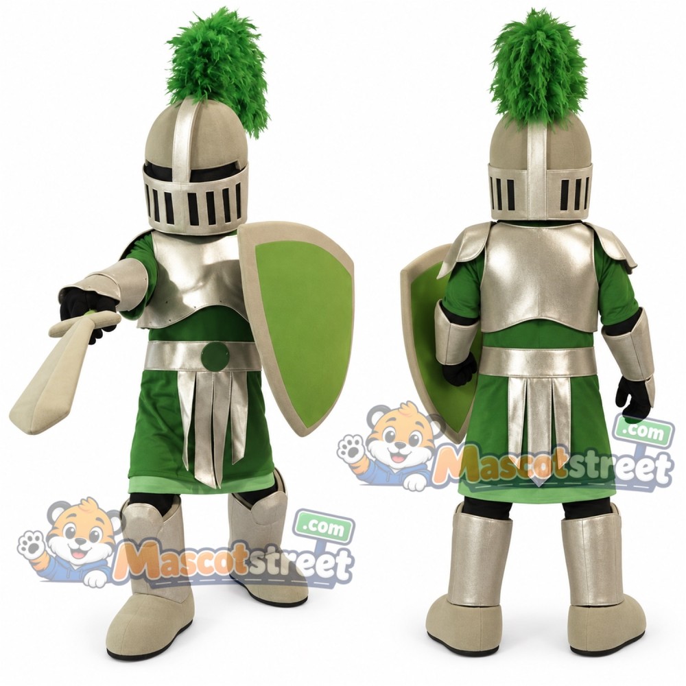 Knight Mascot Costume with Gold Armor and Green Uniform