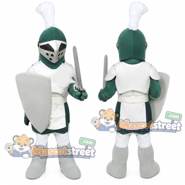 Knight Mascot Costume with Silver Armor and Green Helmet