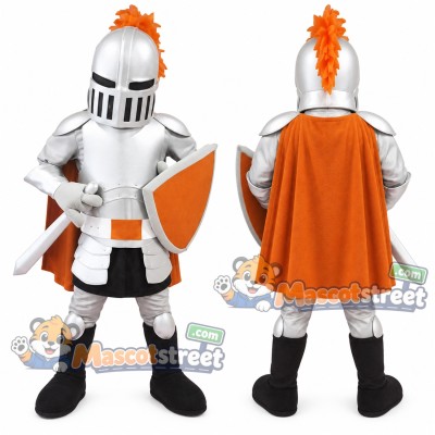 Knight Mascot Costume with Silver Armor and Orange Cape Knight Mascot Costume with Silver Armor and Orange Cape