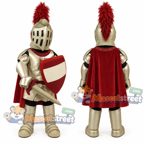 Knight Mascot Costume with Gold Armor and Red Cape