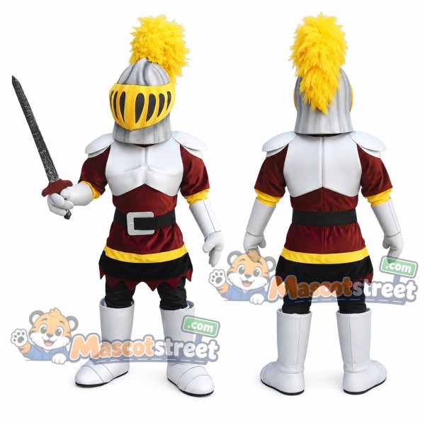 Knight Mascot Costume with Silver Armor, Red Tunic and Yellow Plume
