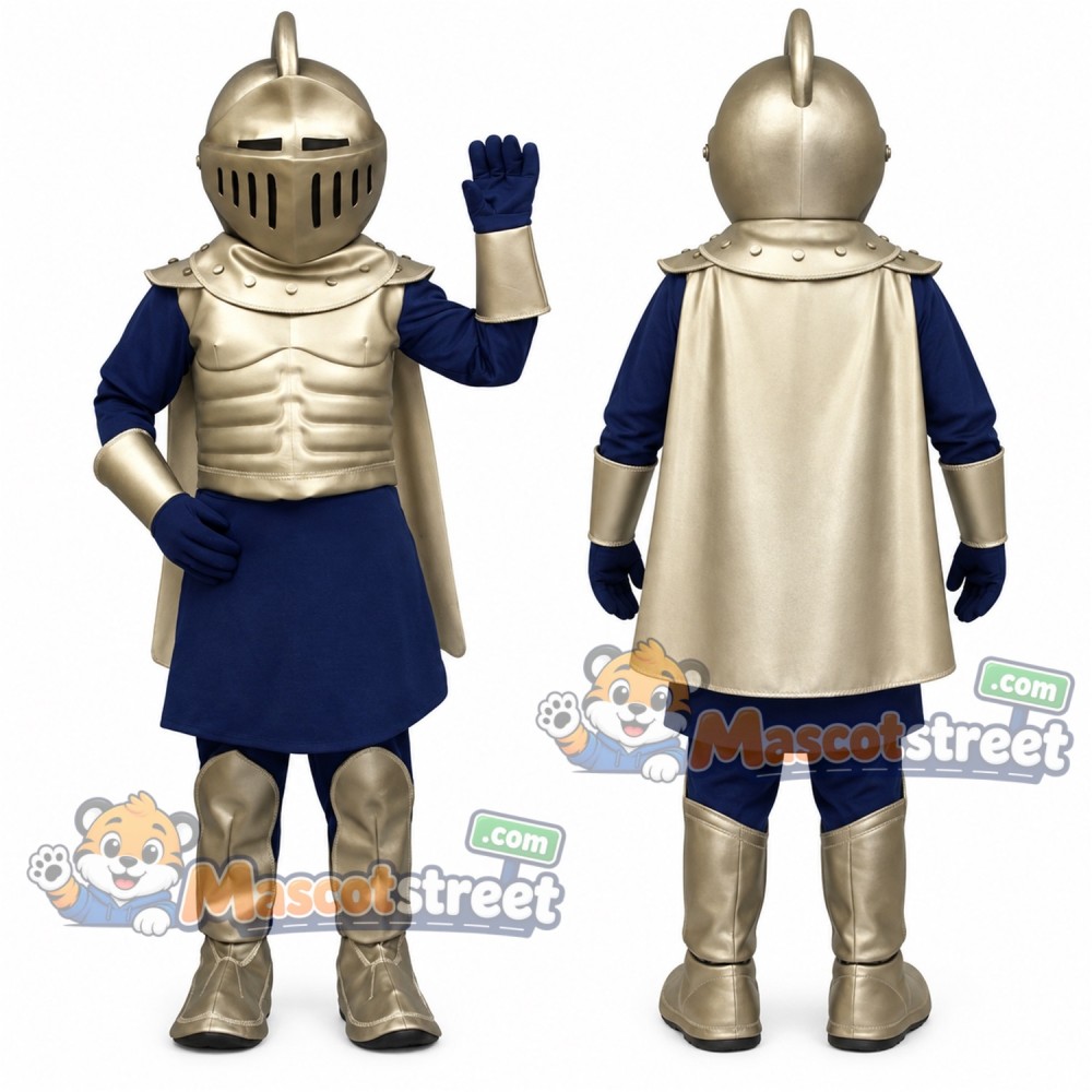 Knight Mascot Costume with Gold Armor and Navy Tunic