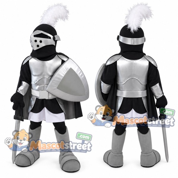 Knight Mascot Costume with Silver and Black Armor
