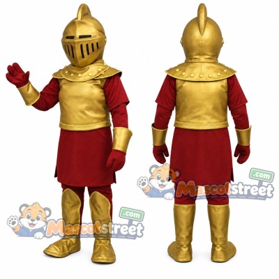 Knight Mascot Costume with Gold Armor and Red Tunic