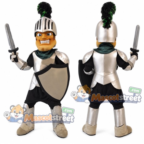 Knight Mascot Costume with Silver Armor and Black Shorts