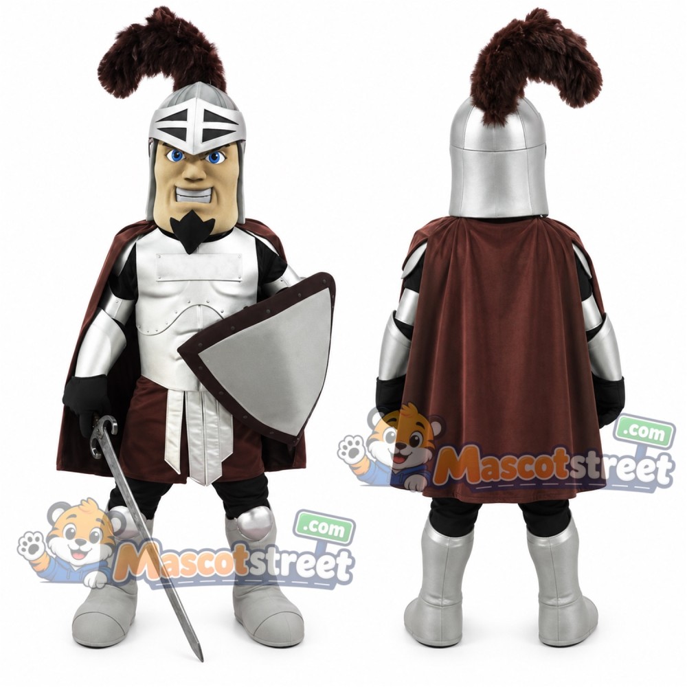 Knight Mascot Costume with Silver Armor and Burgundy Cape