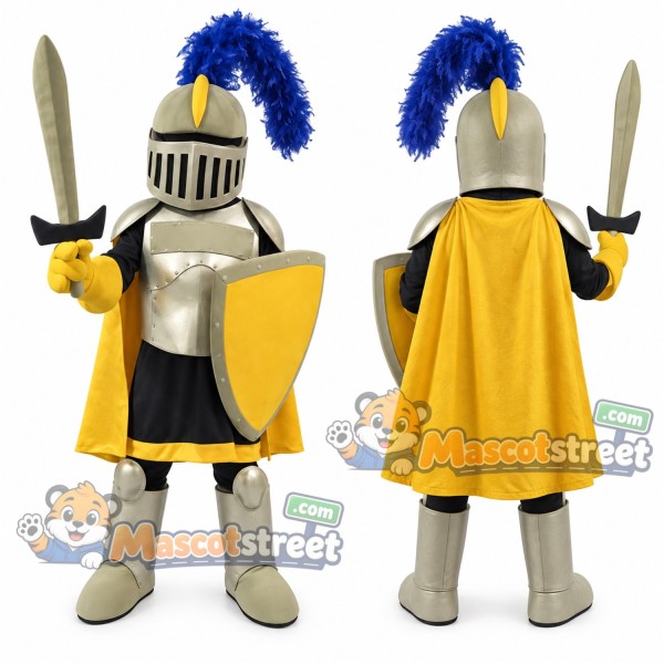 Knight Mascot Costume with Gold Armor and Yellow Cape