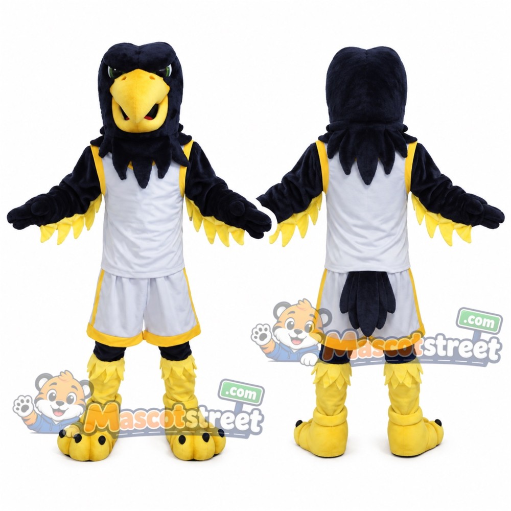 Black Falcon Mascot Costume with White Sports Uniform Black Falcon Mascot Costume with White Sports Uniform