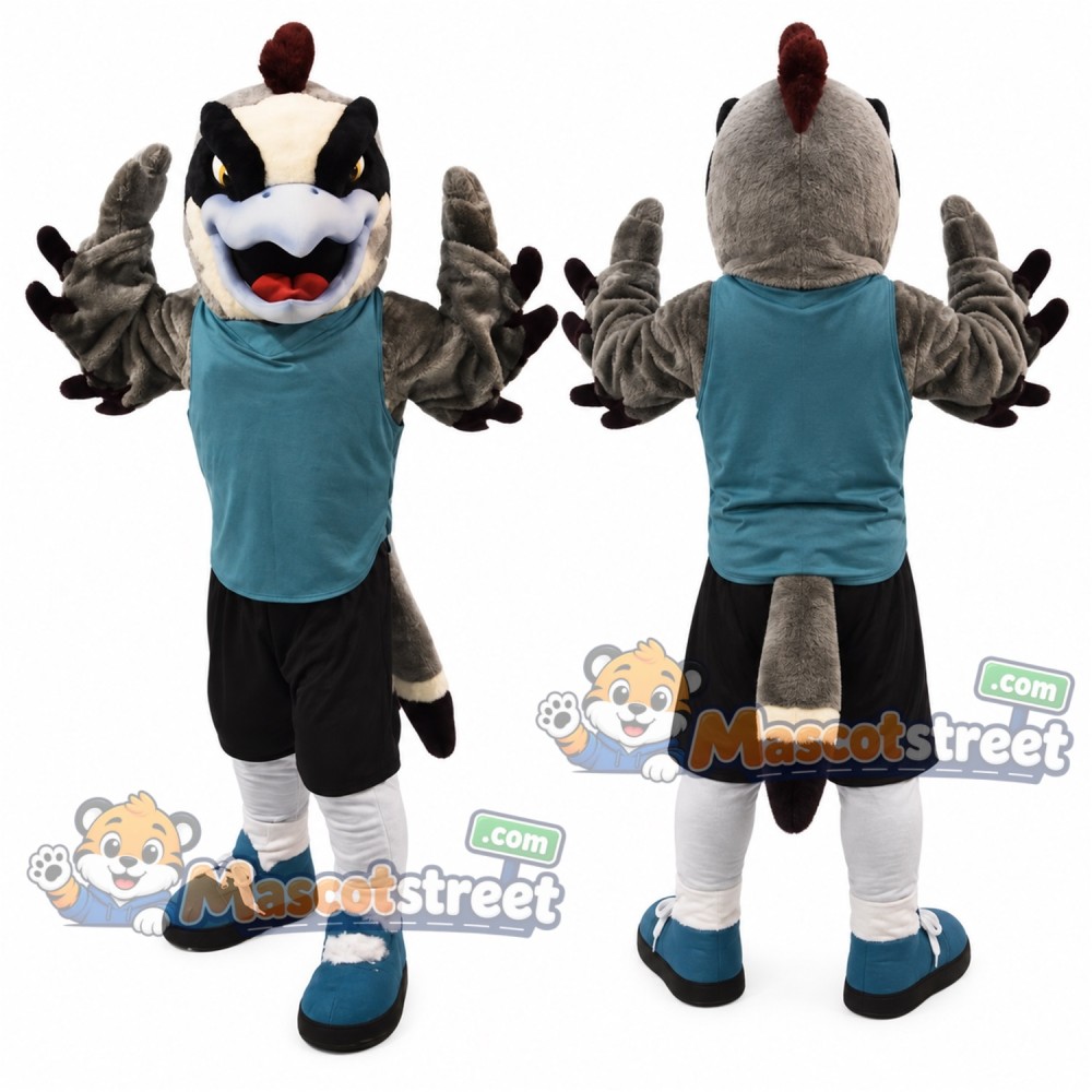 Gray Falcon Mascot Costume with Teal Vest and Black Shorts