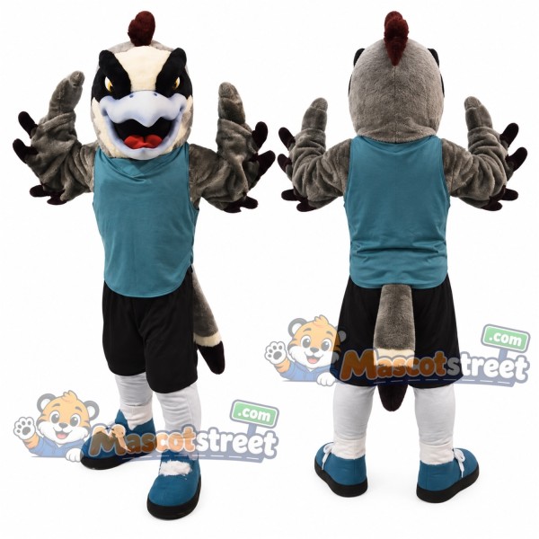 Gray Falcon Mascot Costume with Teal Vest and Black Shorts