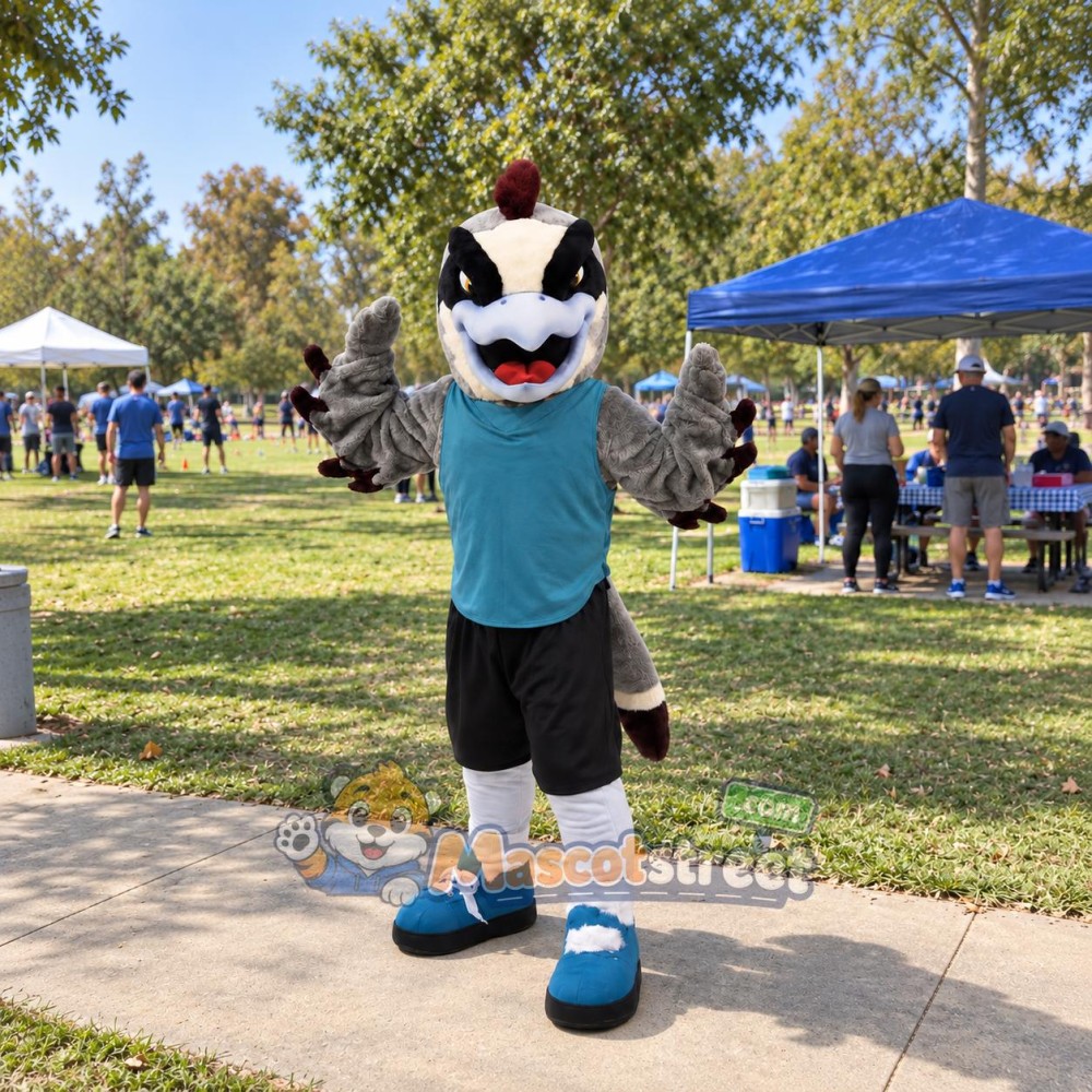 Gray Falcon Mascot Costume with Teal Vest and Black Shorts
