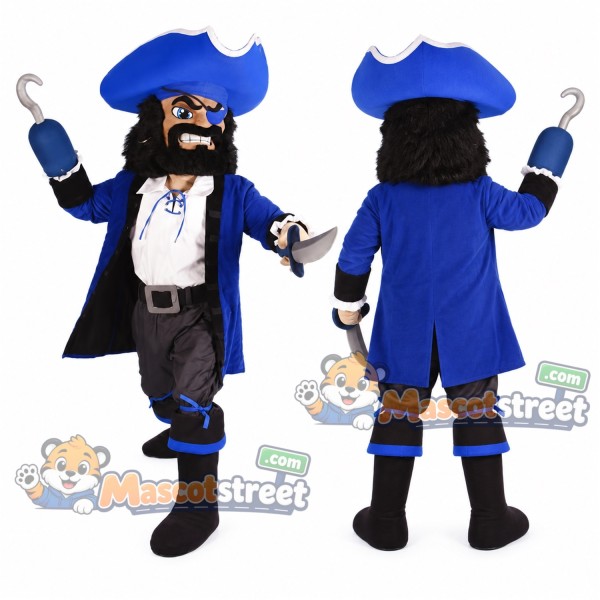 Pirate Mascot Costume with Blue Coat and Blue Tricorn Hat