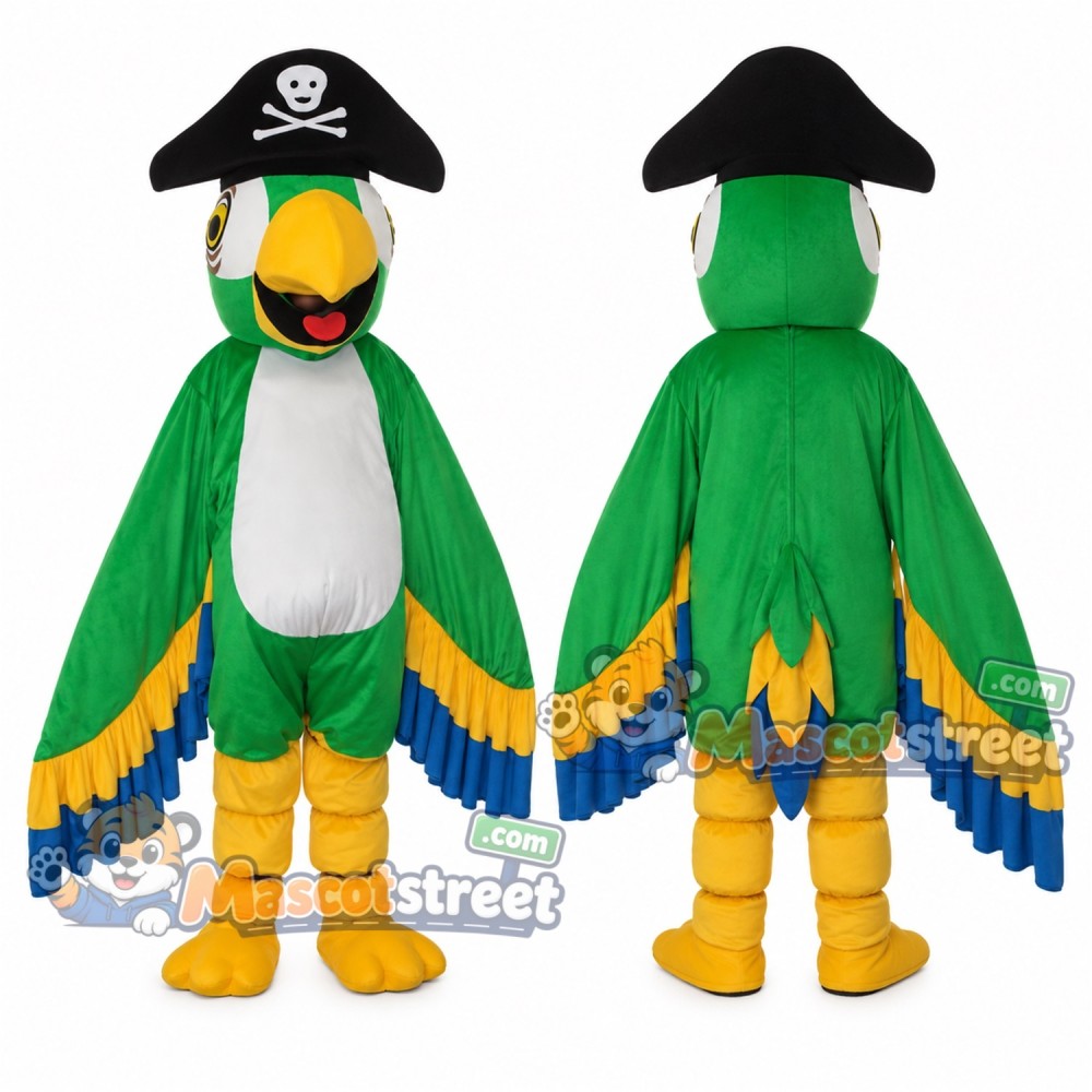 Green Parrot Mascot Costume with Black Pirate Hat Green Parrot Mascot Costume with Black Pirate Hat
