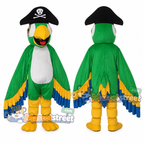 Green Parrot Mascot Costume with Black Pirate Hat