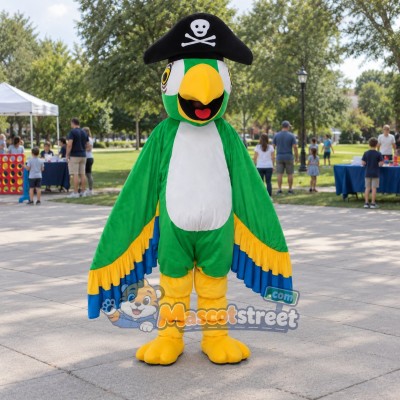 Green Parrot Mascot Costume with Black Pirate Hat