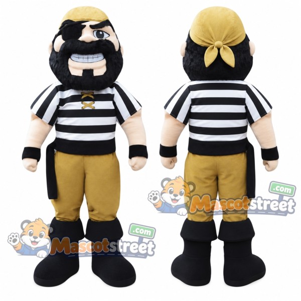 Pirate Mascot Costume with Striped Shirt, Tan Shorts and Yellow Bandana
