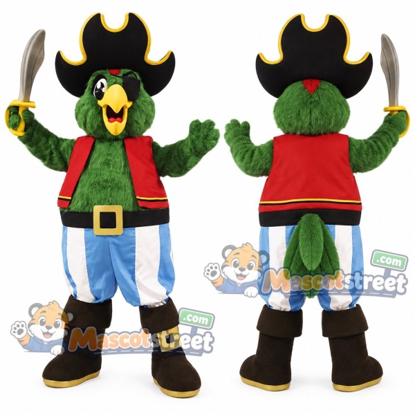 Green Parrot Mascot Costume with Red Vest, Striped Trousers and Black Pirate Hat