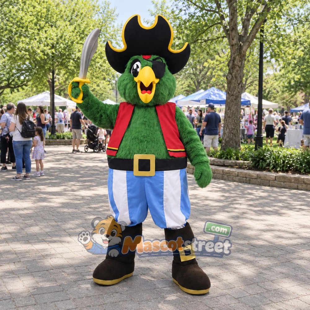 Green Parrot Mascot Costume with Red Vest, Striped Trousers and Black Pirate Hat Green Parrot Mascot Costume with Red Vest, Striped Trousers and Black Pirate Hat