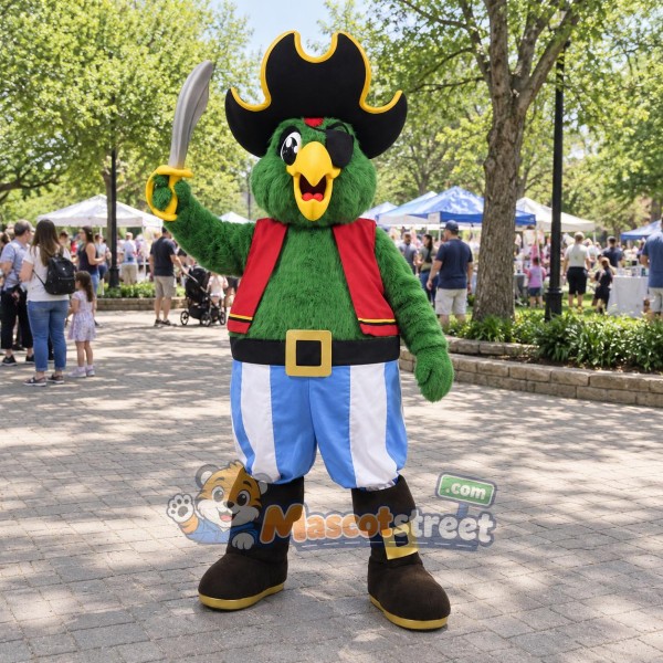 Green Parrot Mascot Costume with Red Vest, Striped Trousers and Black Pirate Hat Green Parrot Mascot Costume with Red Vest, Striped Trousers and Black Pirate Hat