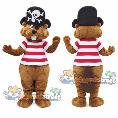 Brown Beaver Mascot Costume with Striped Shirt and Black Pirate Hat
