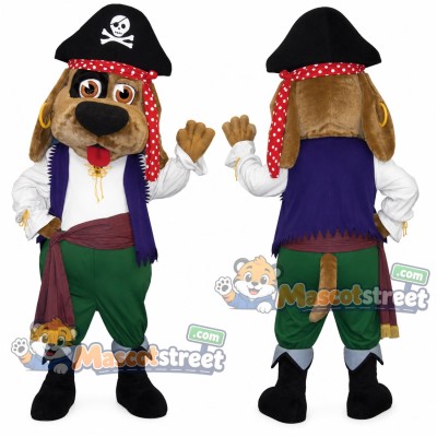 Brown Dog Mascot Costume with Purple Pirate Vest, Green Trousers and Black Hat Brown Dog Mascot Costume with Purple Pirate Vest, Green Trousers and Black Hat