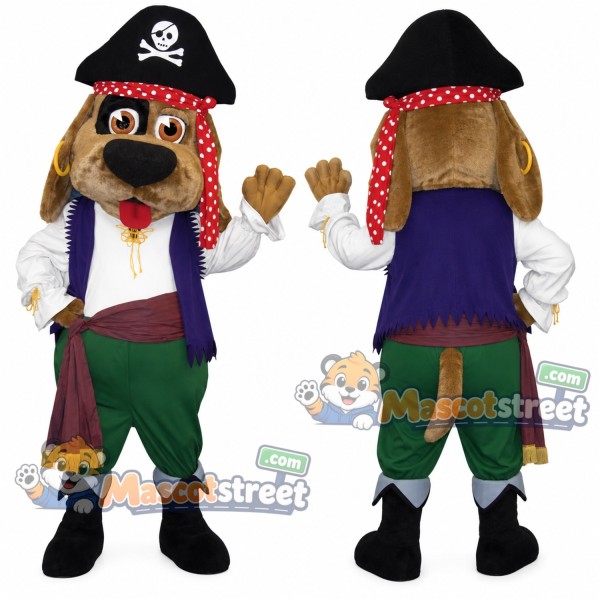Brown Dog Mascot Costume with Purple Pirate Vest, Green Trousers and Black Hat