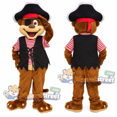 Brown Monkey Mascot Costume with Striped Shirt, Black Vest and Black Pirate Hat Brown Monkey Mascot Costume with Striped Shirt, Black Vest and Black Pirate Hat