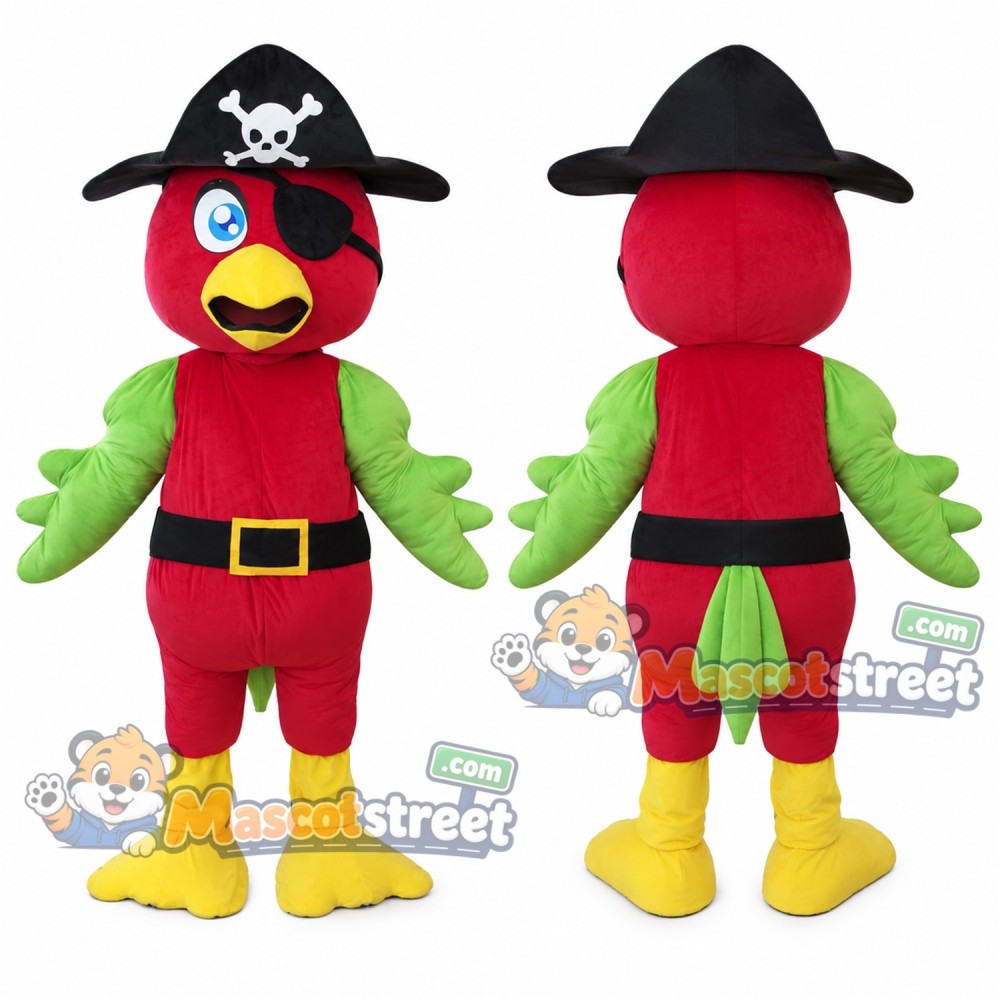 Red Parrot Mascot Costume with Black Pirate Hat and Belt Red Parrot Mascot Costume with Black Pirate Hat and Belt