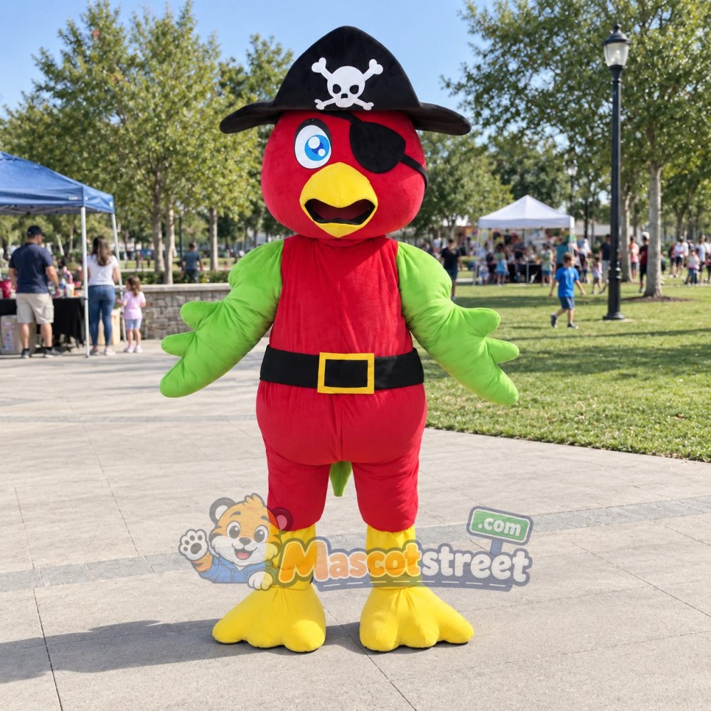 Red Parrot Mascot Costume with Black Pirate Hat and Belt Red Parrot Mascot Costume with Black Pirate Hat and Belt