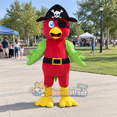 Red Parrot Mascot Costume with Black Pirate Hat and Belt Red Parrot Mascot Costume with Black Pirate Hat and Belt