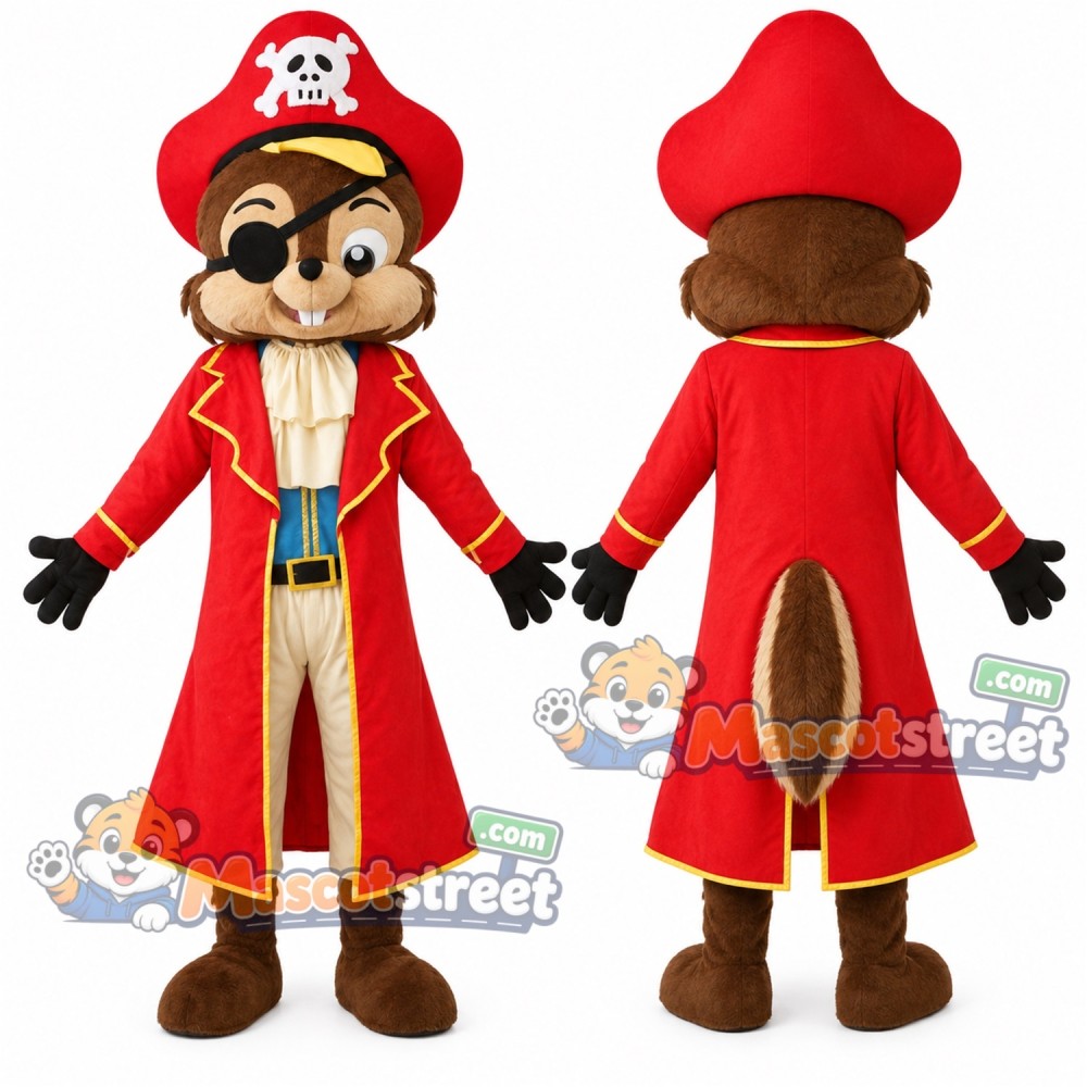 Brown Squirrel Mascot Costume with Red Pirate Coat and Hat