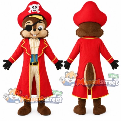 Brown Squirrel Mascot Costume with Red Pirate Coat and Hat