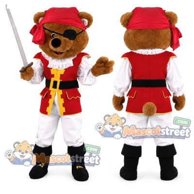 Brown Bear Mascot Costume with Red Vest, White Trousers and Red Bandana
