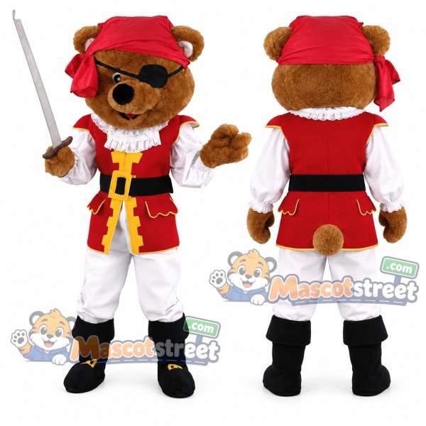 Brown Bear Mascot Costume with Red Vest, White Trousers and Red Bandana