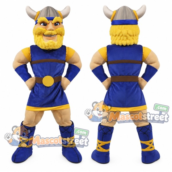 Viking Mascot Costume with Blue and Gold Tunic and Horned Helmet